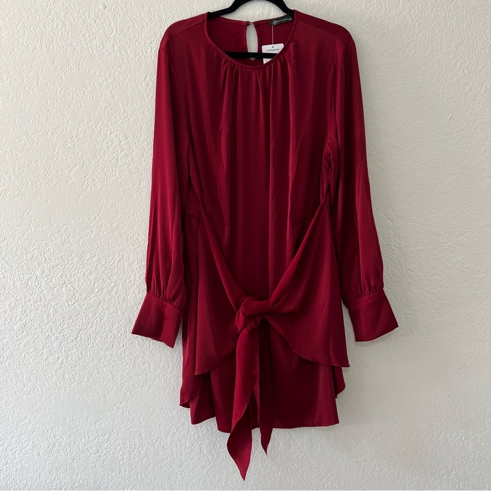 NWT Pretty Garden Satin Long Sleeve Split Cuff Tie Front Elastic Waist Dress XXL